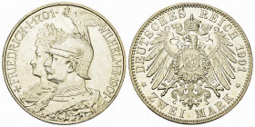 Preussen, AR 2 Mark 1901 

Deutschland. Preussen. AR 2 Mark 1901 (11.11 g), anlässlich des 200-jährigen Bestehens des Kgr. Preussen.
AKS 136.

Er...