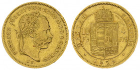 Hungary AV 10 Francs 1879 

Hungary. Franz Joseph I (1848-1916). AV 10 Francs (4 Forint) 1879 (3.19 g).
Fr. 247; KM 454.2.

Good very fine.