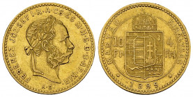 Hungary AV 10 Francs 1889 

Hungary. Franz Joseph I (1848-1916). AV 10 Francs (4 Forint) 1889 (3.21 g).
Fr. 247; KM 466.

Good very fine.