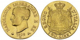 Italia, AV 40 Lire 1808 M, Milano 

Italia. Napoleone. AV 40 Lire 1808 M (12.85 g), Milano.
Fr. 5; KM 12.

Lucidata. BB.