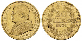 Pius IX, AV 20 Lire 1868 R, Roma 

Stato Pontificio. Pius IX (1866-1878). AV 20 Lire 1868 R (6.44 g), Roma. Anno XXII.
Pag. 534; Mont. 350.

BB a...
