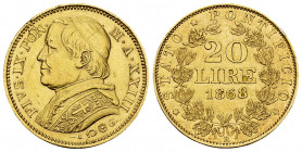 Pius IX, AV 20 Lire 1868 R, Roma 

Stato Pontificio. Pius IX (1866-1878). AV 20 Lire 1868 R (6.43 g), Roma. Anno XXIII.
Pag. 534; Mont. 350.

BB ...