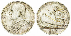 Pius XI, AR 5 Lire 1929 

Vatican. Pius XI (1922-1939). AR 5 Lire 1929 (5.02 g).
Berman 3355.

Quasi FDC.