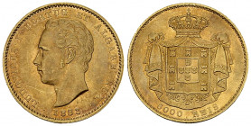 Luis I AV 5000 Reis 1883, Lisbon 

Portugal, Kingdom. Luis I (1861-1889). AV 5000 Reis 1883 (8.85 g), Lisbon.
Fr. 153; KM 516.

Reddish toning. E...