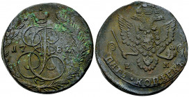 Catherine II CU 5 Kopeks 1782 EM 

Russia. Catherine II (1762-1796). CU 5 Kopeks 1782 EM (48.76 g).
Bitkin 633.

Almost very fine.