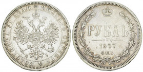 Alexander II AR Rouble 1877 

Russia. Alexander II (1855-1881). AR Rouble 1877 (20.46 g), St. Petersburg.
Bitkin 90; KM Y25.

Good very fine.