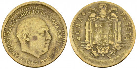 Spain, AE Peseta 1947, Missstrike 

Spain. Francisco Franco (1947-1975). AE Peseta 1947 (21 mm, 3.39 g).
KM 796.

Struck appr. 15% off-center. Ve...
