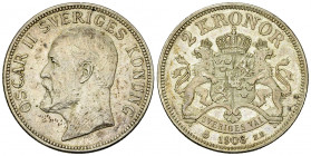 Sweden, AR 2 Kronor 1906 

Sweden. Oscar II. AR 2 Kronor 1906 (14.99 g).
KM 773.

Rare this nice. Extremely fine to uncirculated.