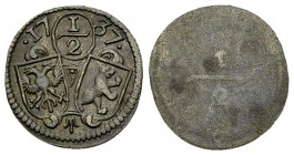 Appenzell, BI 1/2 Kreuzer 1737 

Schweiz. Appenzell, Innerrhoden. BI 1/2 Kreuzer 1737 (14 mm, 0.42 g).
HMZ 2-45c.

Sehr seltene Variante. Sehr sc...