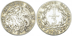Basel, AR 1/3 Taler 1766 

Schweiz. Basel, Stadt. AR 1/3 Taler 1764 (29 mm, 8.11 g).
HMZ 2-101b.

Gutes schön.