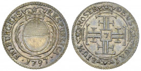 Freiburg, AR 7 Kreuzer 1797 

Schweiz, Freiburg /Fribourg. AR 7 Kreuzer (Achtelgulden) 1797 (19 mm, 1.26 g).
HMZ 2-276i.

Hübsch getönt und unzir...