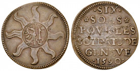 Genf, CU 6 Sols 1590, Notmünze 

Schweiz, Genf /Genève. CU 6 Sols 1590 (26 mm, 3.99 g), Notmünze: "Pour les soldats".
 HMZ 2-300a.

Sehr schön....