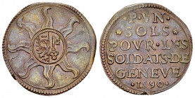 Genf, CU 1 Sol 1590, Notmünze 

Schweiz, Genf /Genève. CU 1 Sol 1590 (21 mm, 1.82 g), Notmünze: "Pour les soldats".
 HMZ 2-303aaa.

Vorzüglich....