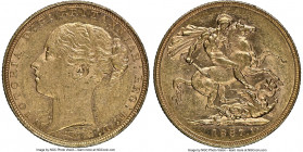 Victoria gold "Young Head/St. George" Sovereign 1887-M AU58 NGC, Melbourne mint, KM7. Young head with St. George reverse type. Scarce date. 

HID098...