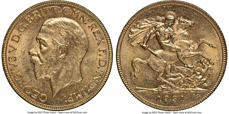 George V gold Sovereign 1931-P MS63+ NGC, Perth mint, KM32. AGW 0.2355 oz. 

H...