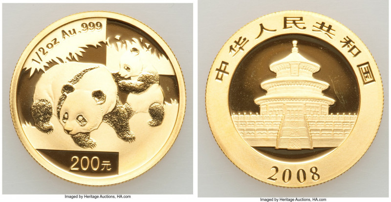 People's Republic gold Panda 200 Yuan (1/2 oz) 2008 UNC, Shanghai mint, KM-Unl. ...