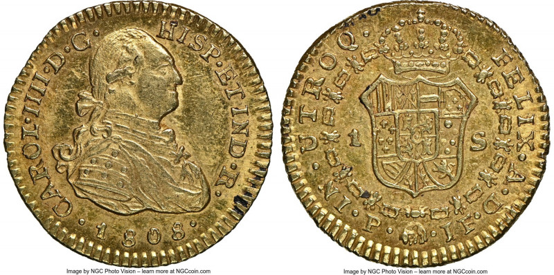 Charles IV gold Escudo 1808 P-JF MS62 NGC, Popayan mint, KM56.2, Fr-59. Portrait...