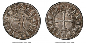 Principality of Antioch. Bohemond III Denier ND (1163-1201) MS62 PCGS, Antioch mint, 18mm. Bust left, helmeted and wearing chainmail, crescent on left...