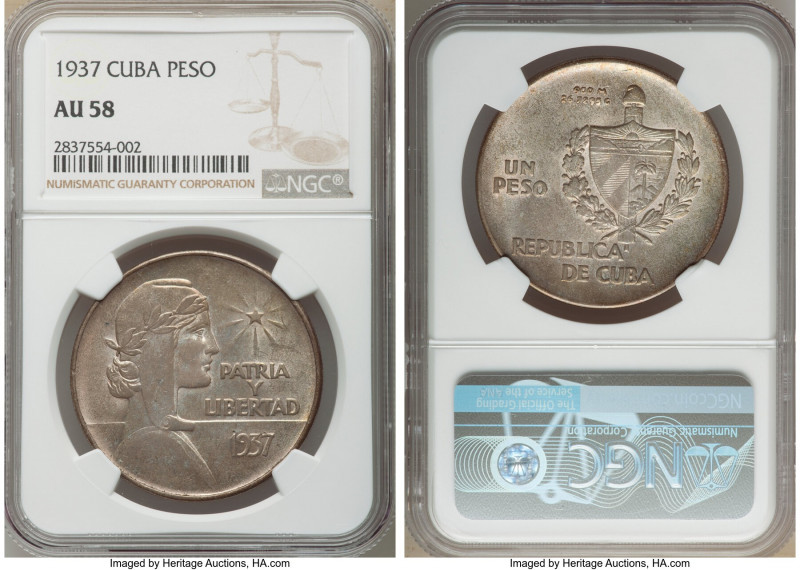 Republic "ABC" Peso 1937 AU58 NGC, Philadelphia mint, KM22. Silver-blue and peac...