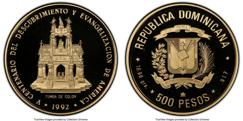 Republic gold Proof "Tomb of Columbus" 500 Pesos 1992-(c) PR69 Deep Cameo PCGS, ...