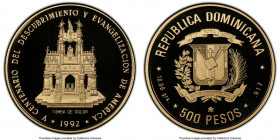 Republic gold Proof "Tomb of Columbus" 500 Pesos 1992-(c) PR69 Deep Cameo PCGS, KM86. Mintage: 2000. 500th Anniversary - Discovery and Evangelization ...