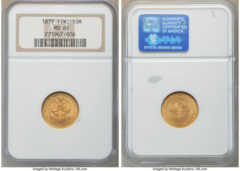 Russian Duchy. Alexander II gold 10 Markkaa 1879-S MS65 NGC, Helsinki mint, KM8....