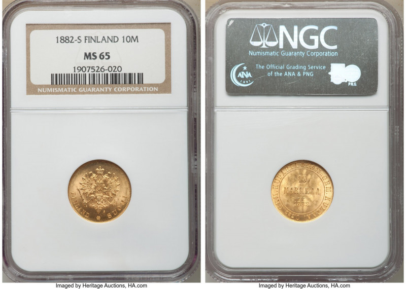 Russian Duchy. Alexander III gold 10 Markkaa 1882-S MS65 NGC, Helsinki mint, KM8...