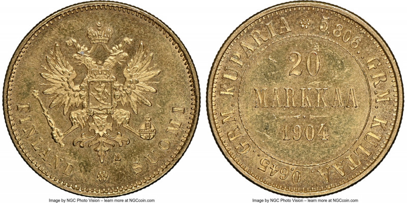 Russian Duchy. Nicholas II gold 20 Markkaa 1904-L MS64 NGC, Helsinki mint, KM9.2...