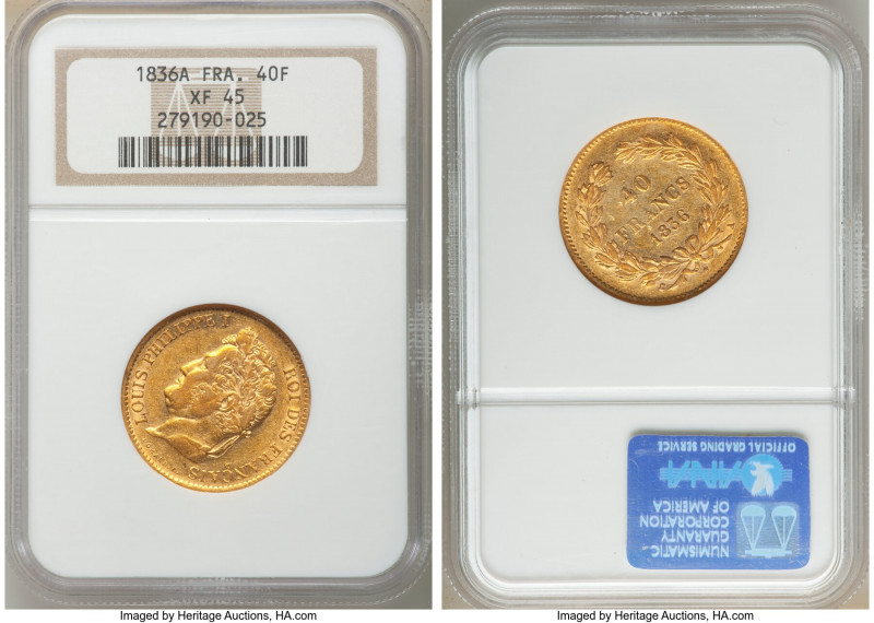 Louis Philippe I gold 40 Francs 1836-A XF45 NGC, Paris mint, KM747.1. Antiqued b...
