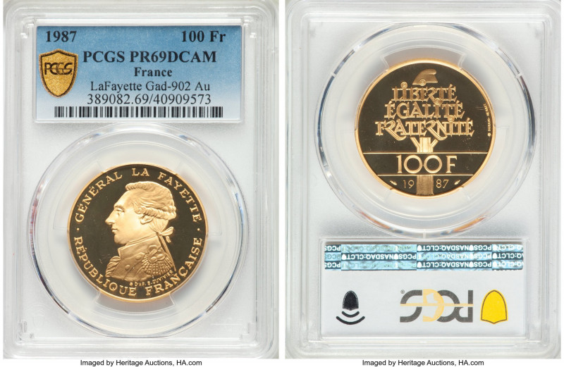 Republic gold Proof "Lafayette" 100 Francs 1987 PR69 Deep Cameo PCGS, KM962b, Ga...