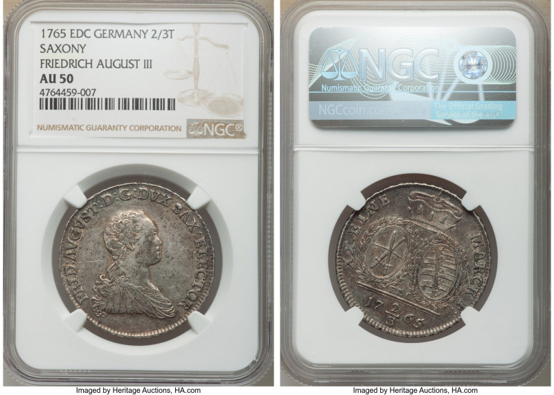 Saxony. Friedrich August III 2/3 Taler 1765-EDC AU50 NGC, Dresden mint, KM981. ...