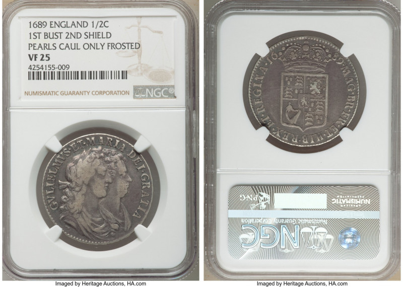 William & Mary 1/2 Crown 1689 VF25 NGC, KM472.1, S-3435. 1st bust, 2nd shield Pe...