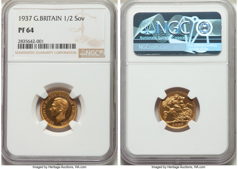 George VI gold Proof 1/2 Sovereign 1937 PR64 NGC, KM858, S-4077. Cloudy legends ...