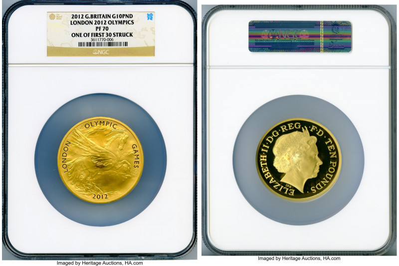 Elizabeth II Proof gold & silver "London Olympics" 10 Pounds 2012 PR70 NGC, 1) g...