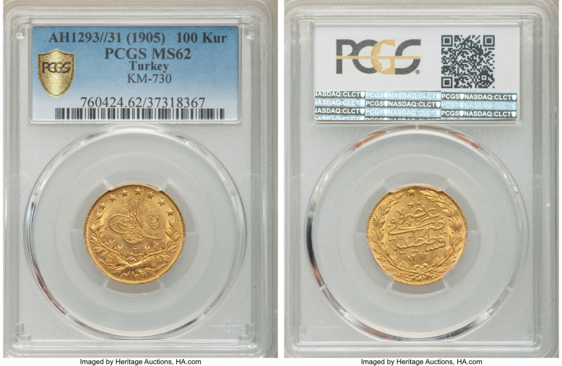 Ottoman Empire. Abdul Hamid II gold 100 Kurush AH 1293 Year 31 (1905/1906) MS62 ...