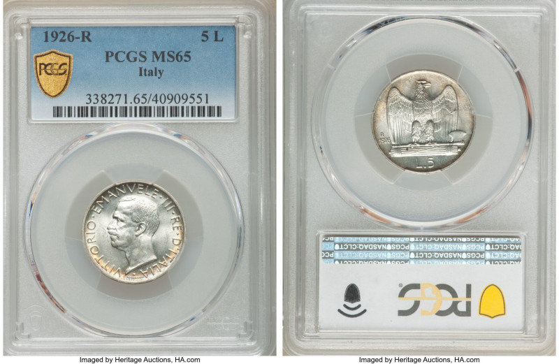 Vittorio Emanuele III 5 Lire 1926-R MS65 PCGS, Rome mint, KM67.1. 

HID0980124...