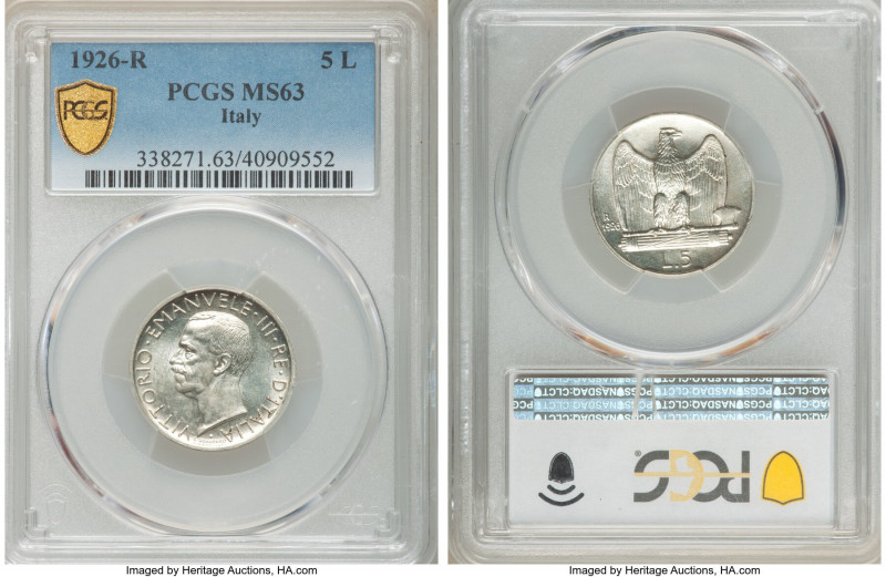 Vittorio Emanuele III 5 Lire 1926-R MS63 PCGS, Rome mint, KM57.1. 

HID0980124...