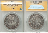 Maria II Counterstamped 870 Reis ND (1834) XF45 ANACS, KM440.22. Crowned Portuguese shield on Peru (Lima) Charles IV 8 Reales 1805 LM-JP. 

HID09801...