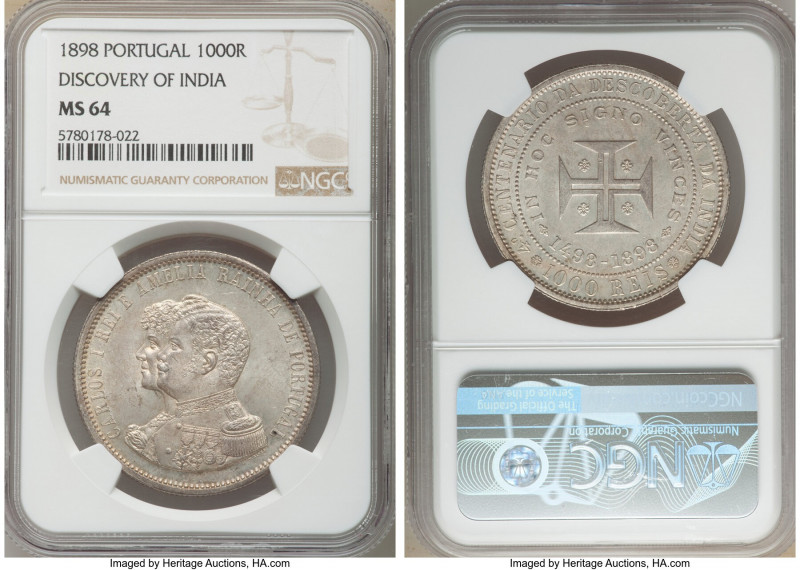 Carlos I "Discovery of India" 1000 Reis 1898 MS64 NGC, Lisbon mint, KM539. For t...