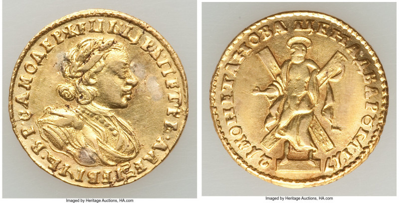 Peter I gold 2 Roubles 1721 XF (Damaged), Moscow mint, KM158.5. 20.1mm. 3.95gm. ...