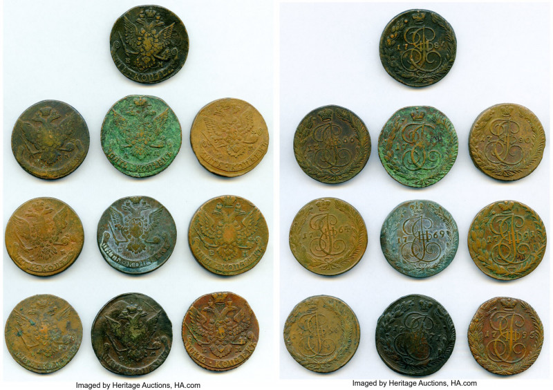 Catherine II 10-Piece Lot of Uncertified 5 Kopeks, Grades F-VF. Includes: (1), 1...