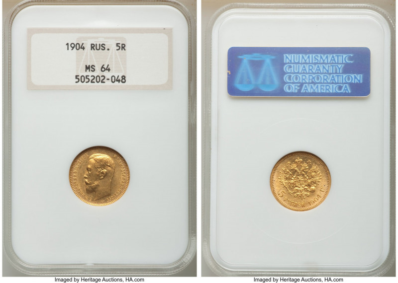 Nicholas II gold 5 Roubles 1904-AP MS64 NGC, St. Petersburg mint, KM-Y62. AGW 0....