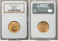 Nicholas II gold "Narrow Rim" 15 Roubles 1897-AΓ MS62 NGC, St. Petersburg mint, KM-Y65.2. Narrow rim variety. 

HID09801242017

© 2020 Heritage Au...