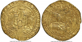 Ferdinand & Isabella gold 2 Excelentes ND (1476-1516) AU53 NGC, Segovia mint. Fr-129. 27mm. 6.86gm. Honeyed-golden color, fine portraits, with wavy fl...