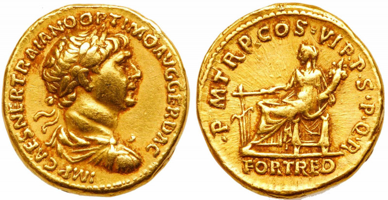 Trajan, AD 98-117. Gold Aureus (7.35g). Mint of Rome AD 116. Laureate bust of Tr...
