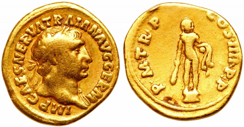 Trajan, AD 98-117. Gold Aureus (7.02g). Mint of Rome, AD 100. Bust of Trajan, la...