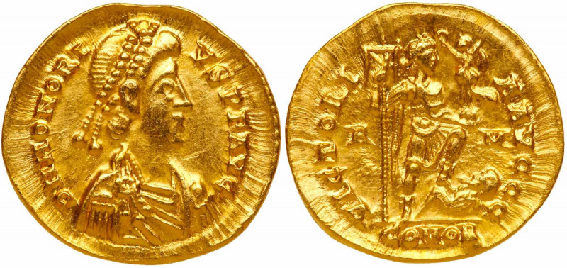 Honorius, AD 393-415. Gold Solidus (4.33 g). Minted at Rome, AD 404, 407-8. Diad...