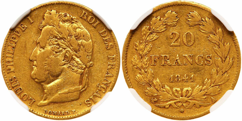 France. 20 Francs, 1841-A (Paris). Fr-560; KM-750.1. Louis Philippe I. Laureate ...