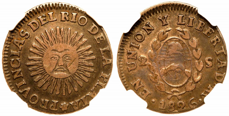 Argentina. 2 Soles, 1826-RA. KM-18. Radiant sun face. NGC graded Very Fine Detai...