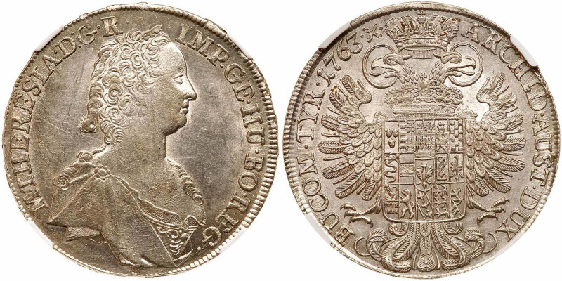 Austria. Taler, 1763 (Hall). Dav-1120; KM-1742. Maria Theresa. Bust in decorated...